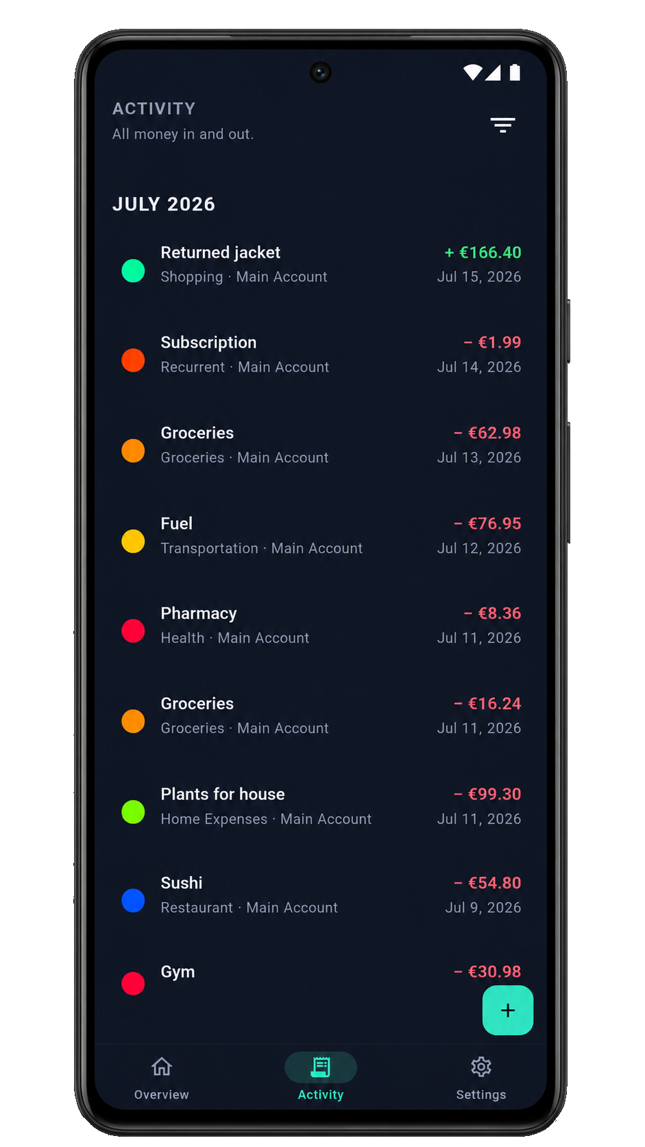 Activity screen listing money in and out with categories, accounts, and dates