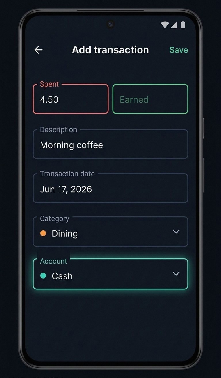 Add transaction form with spent amount, description, category, and account fields