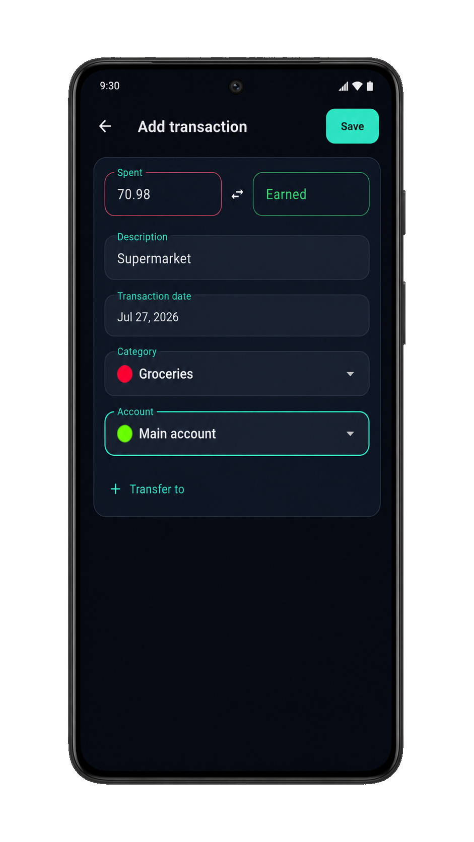 Add transaction form with spent amount, description, category, and account fields