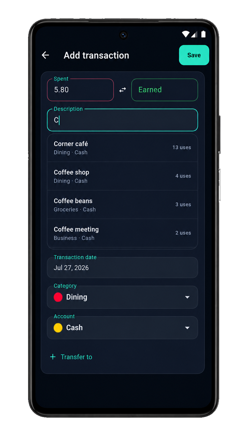 Description field showing autocomplete suggestions from past transactions