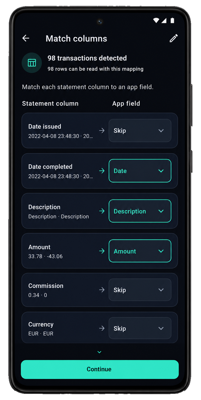 Match columns screen mapping statement fields to app date, description, and amount