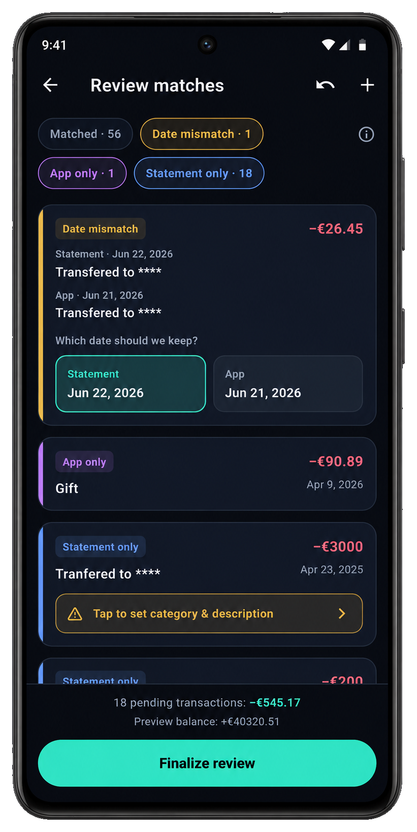 Review matches screen showing date mismatches and statement-only rows before finalize