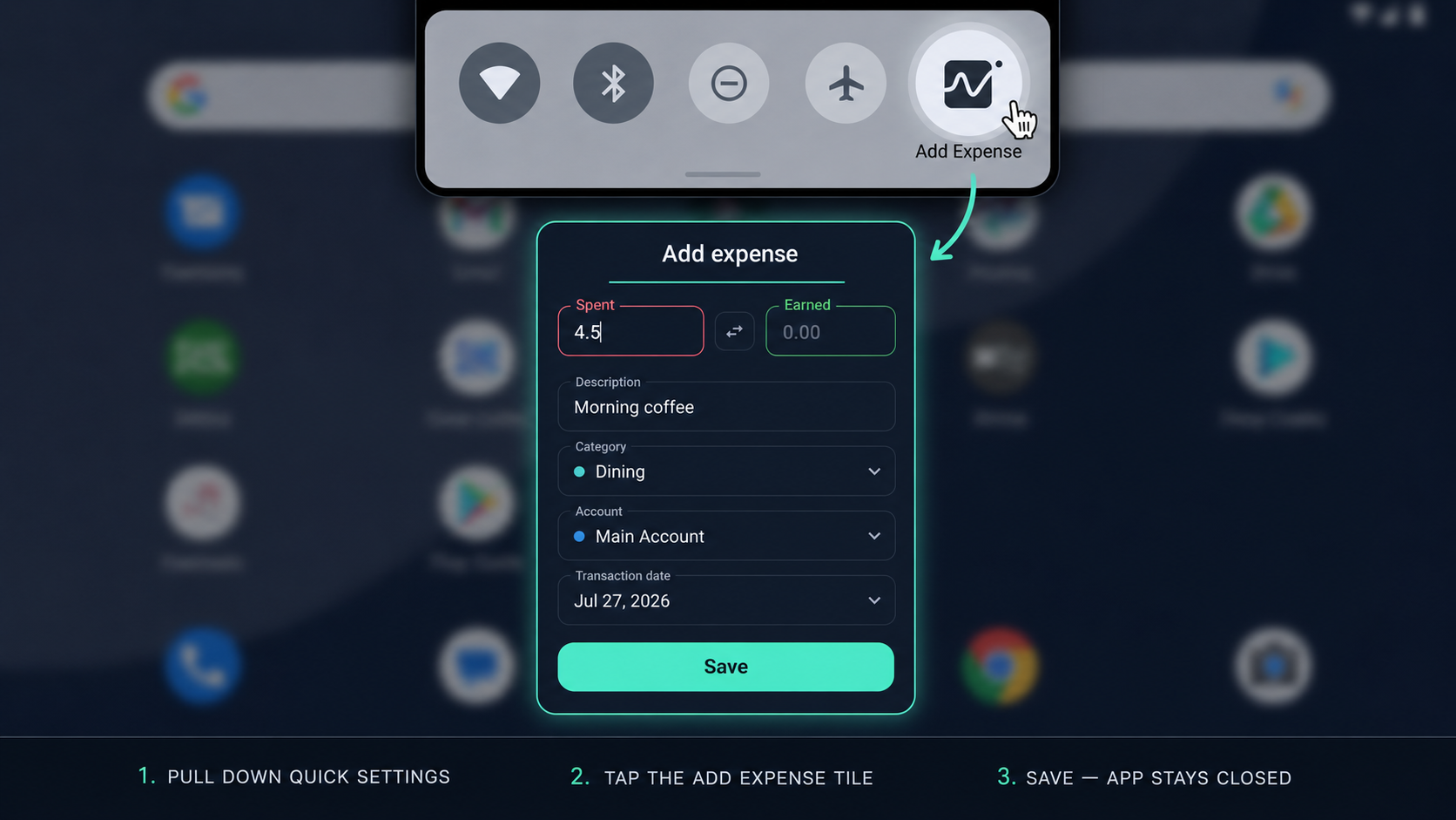 Quick Settings Add Expense tile with app logo opening a save form without launching the full app